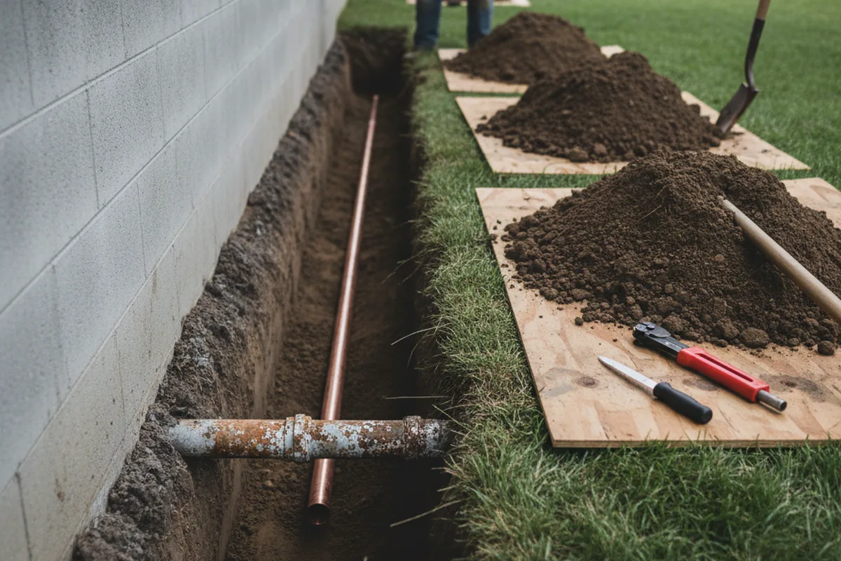 Excavated water line trench during Water Softener Installation in Reidsville
